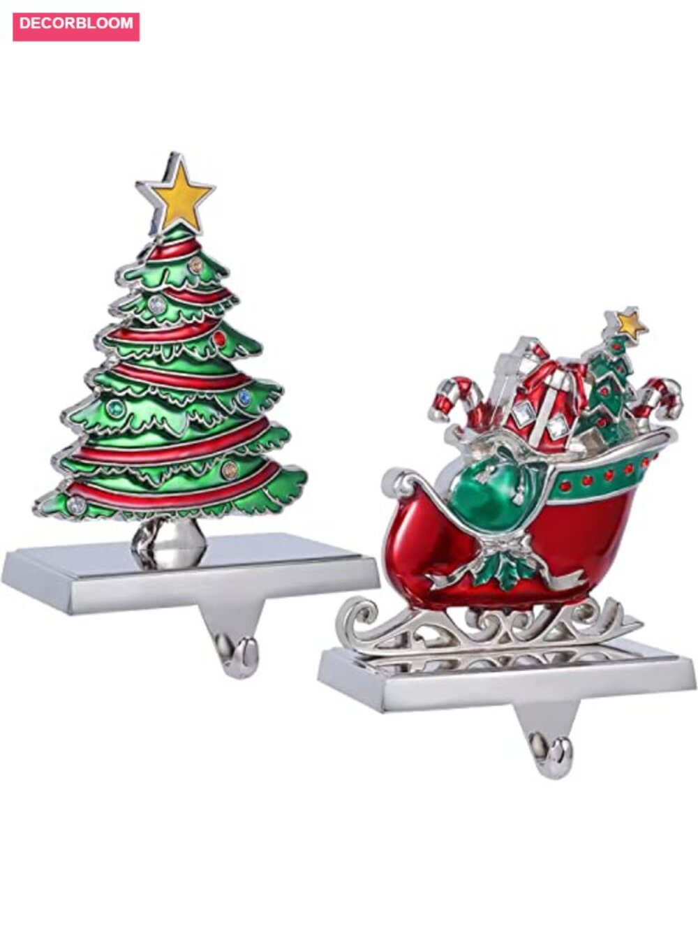 Set of 2 Christmas Stocking Holders Metal Tree & Sleigh Mantel Hooks